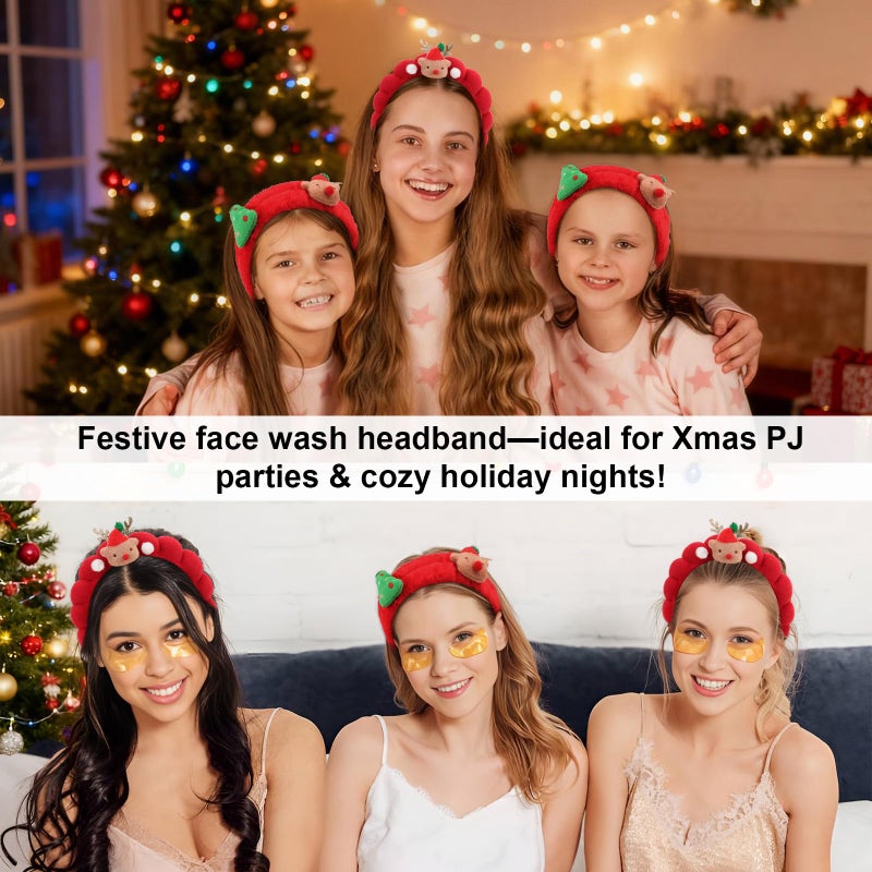 Wecoe Christmas Spa Headband & Wristband Set for Washing Face Red Facial Skincare Makeup Headband Puffy Sponge Bubble Head Band Bow Tie Hair Band Hair Clips Women Girls Accessories Gifts - Image 3